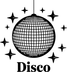  Dynamic "Disco" ball graphic with surrounding stars, perfect for vibrant party invitations, retro-themed events, and celebratory designs, symbolizing fun and nightlife.
