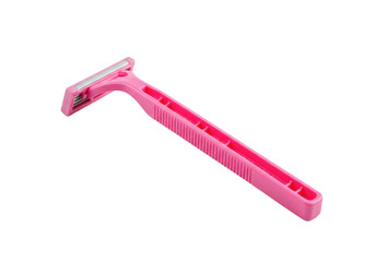 A pink plastic disposable razor sits on a transparent background