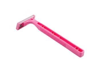 A pink plastic disposable razor sits on a transparent background