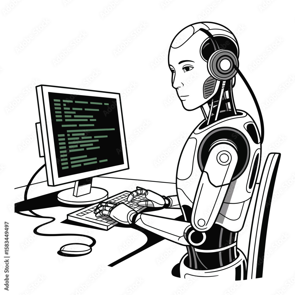 Aufkleber robot hacking system as cybersecurity metaphor ideal for technology graphics, digital threat concept