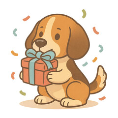 cute beagle holding gift with confetti,  beagle holding gift box ribbon, celebration dog with confetti PNG, cute beagle party illustration transparent, festive pet character for birthday and events