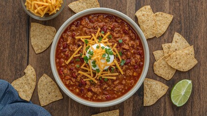 A serving of chili con carne with cheese layering and crunchy nachos on a wooden board, top-down view. Homemade spicy bean and beef meal.