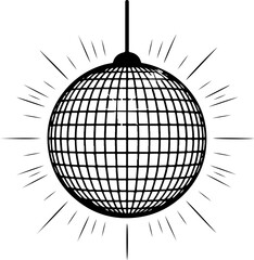  Shiny black and white disco ball with radiating light, perfect for party invitations, retro themes, and music event designs, symbolizing celebration and fun.