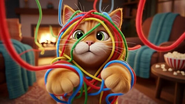 Playful Feline Fun Adorable Ginger Cat Entangled in Vibrant Threads showing funny, stressed look