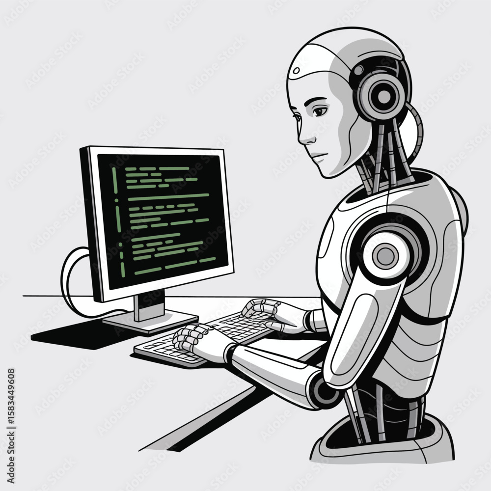 Fototapete robot hacking concept in black and white vector style symbolizing ai cyberattack ideal for digital s