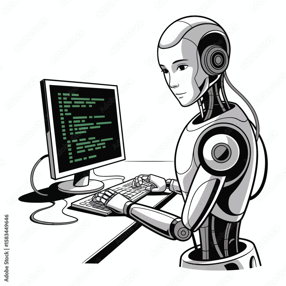 Aufkleber robot hacking into system metaphor black and white vector designs