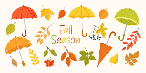 Set of different colorful umbrellas, leaves and berries. Open umbrellas, rainy seasons. The inscription fall season. Vector illustration in the hand drawn style.