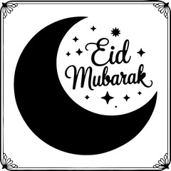  Elegant "Eid Mubarak" crescent moon and stars silhouette with a decorative frame, perfect for Islamic greetings, holiday cards, and festive religious designs.
