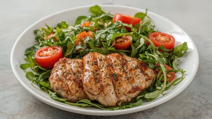 Meat and vegetable salad featuring grilled chicken and arugula