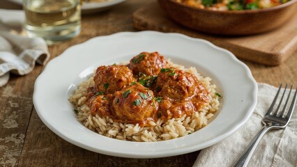 White plate featuring chicken meatballs in a rich tomato cream sauce alongside rice