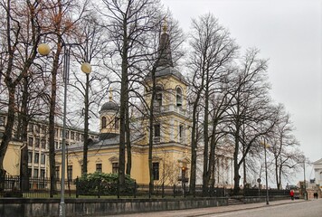 Orthodox church in Helsinki surrounded by bare trees in late autumn
