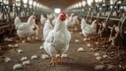 Fototapeta premium White chickens in a commercial poultry farm, close-up on selective focus.