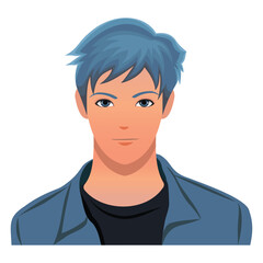 Vector avatar of young man with blue messy hair and casual outfit in flat style. Perfect for user icons, character design, apps, web profiles, and digital branding visuals.