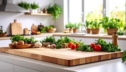 Fresh, bright kitchen with wooden cutting board full of vegetables