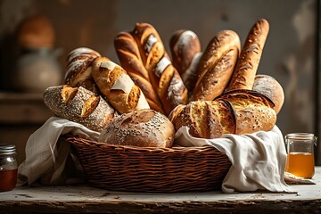Artisan Bread Basket Still Life: A Rustic Symphony of Textures and Flavors, with honey
