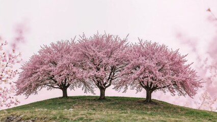 Fototapeta premium Blossoming cherry trees on a grassy hilltop with pink flowers under a soft sky in a tranquil natural setting