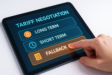 Obraz premium Tariff negotiation options displayed on digital tablet screen with hand selecting fallback choice, representing decision making in trade agreements and strategy