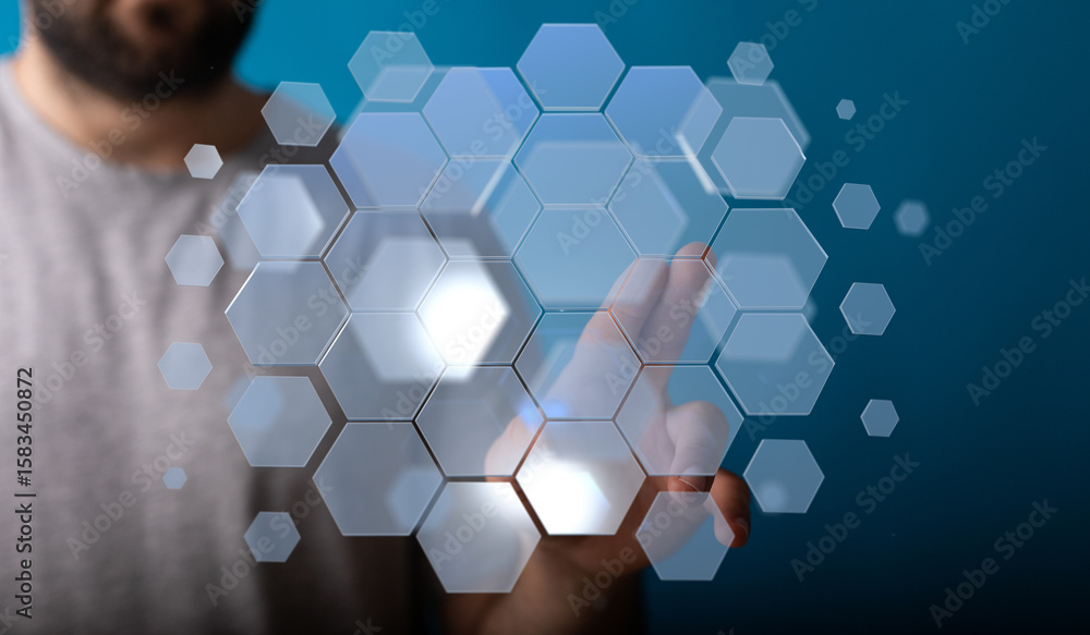 Poster abstract image of a hand interacting with a digital hexagon interface. technology, innovation, conne