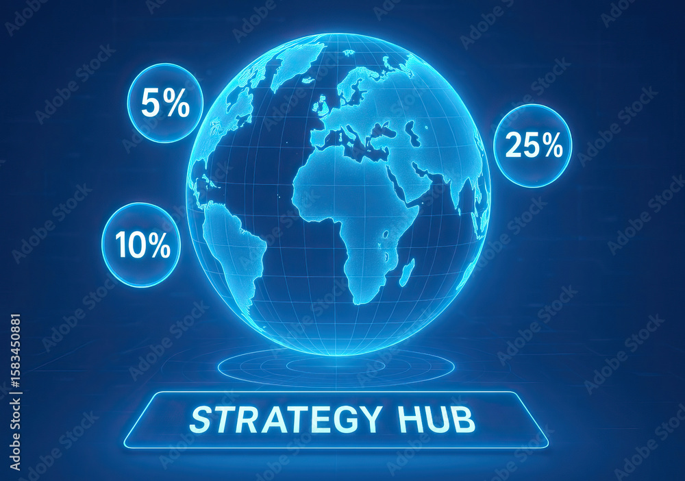 Poster holographic globe with percentage data points and strategy hub text glowing in blue light, symbolizi