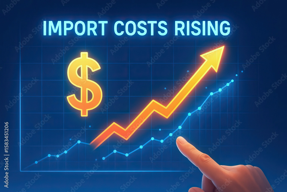 Poster import costs rising concept with glowing dollar symbol and upward arrow graph showing increasing exp