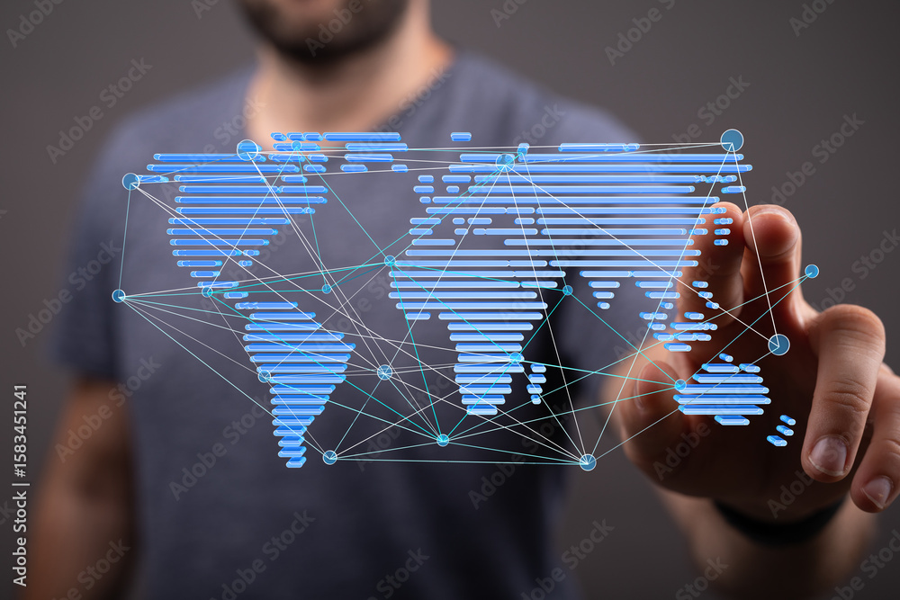 Poster a man interacts with a digital world map, showcasing global connectivity and networking.