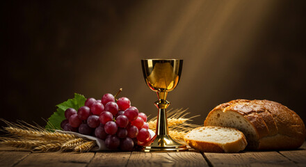 Holy communion elements of chalice, bread, grapes, and wheat on rustic wooden table with spiritual light - Christian ritual, eucharist, and religious concept