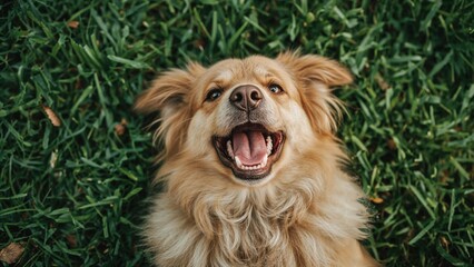 Delighted dog laughing and yawning on the turf, comical pet demeanor.