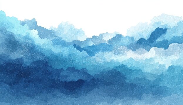 Abstract watercolor landscape of layered, textured,  blue mountains