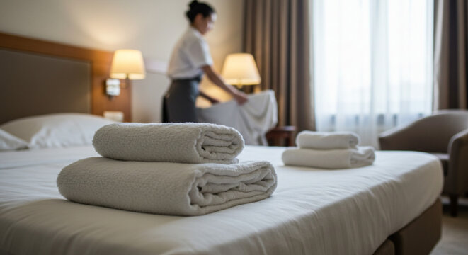 Portrait of hotel room with fresh white towels on bed and housekeeper making the other bed in the background - hospitality and comfort concept