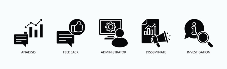 Key Functions In Information Management And Oversight Icon Set Vector Illustration Concept With Icon Of Analysis, Feedback, Administrator, Disseminate, Investigation In Glyph Style