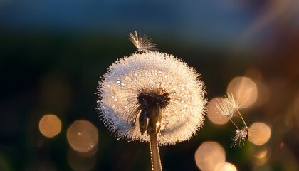 delicate dandelion seed head illuminated by soft light with droplets of water shimmering