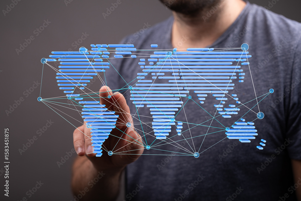 Poster man interacts with a digital world map, showcasing global connectivity and networking.