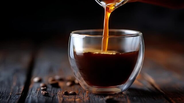 Espresso pouring with dark wood, and coffee beans.
