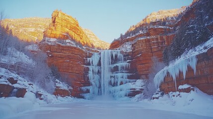 Frozen waterfall cascading down red rock canyon in winter