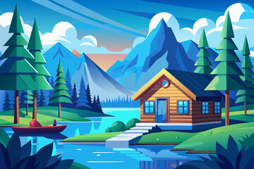 Cabin By Blue Lake With Boat And Forest In Cartoon Style  