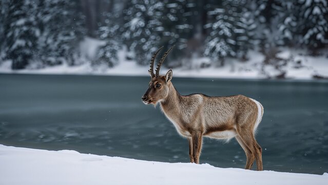 Mountain goat on a snowy slope - Powered by Adobe