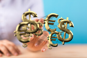 Interconnected dollar and euro symbols represent international finance, global trade, and currency...