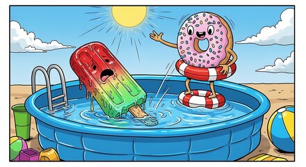 Cartoon Illustration of Summer Fun with Donut and Popsicle Characters in a Pool