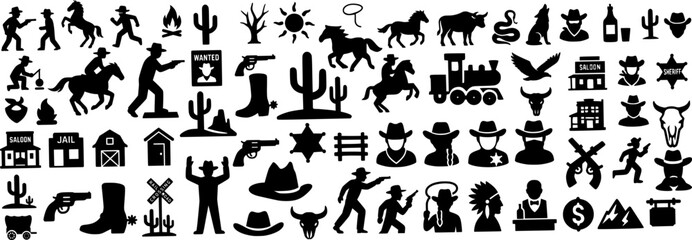 Wild West Silhouette Icon Collection. Containing Cowboys, Horses, Guns, Cactus, and More. Western Adventure Vector Icons Set.