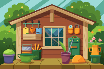Obraz premium Cartoon Garden Shed Interior With Tools Seed Packets 