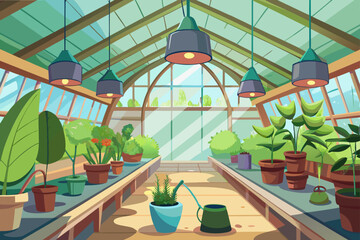 Cartoon Greenhouse Interior With Hanging Plants And Pots  