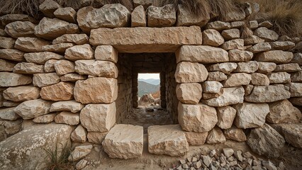 Mountainous stone arch entrance in historic archaeological site