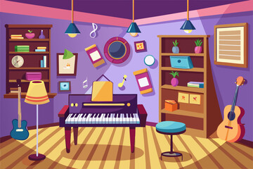 Cartoon Music Room With Piano Guitar And Wall Posters  