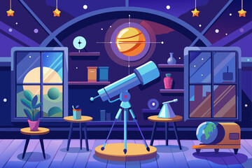 Cartoon Observatory Room With Stargazing Telescope  