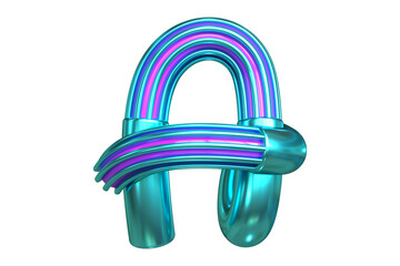 3D metallic cyan and purple striped alphabet letter A. High quality 3D rendering single-line font design element.