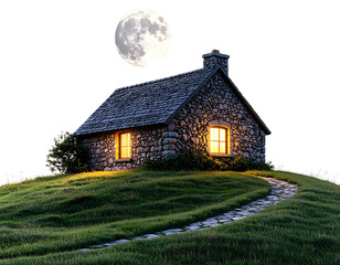 Obraz premium Tiny Stone House on a Hill Under Full Moon Glow, Quiet Night PNG Cutout