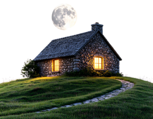 Tiny Stone House on a Hill Under Full Moon Glow, Quiet Night PNG Cutout