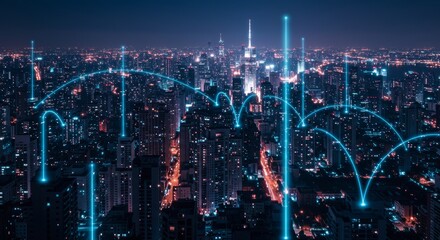 Fototapeta premium Futuristic cityscape with glowing light trails and network