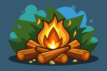Cartoon Style Campfire With Wood Logs And Rocks  