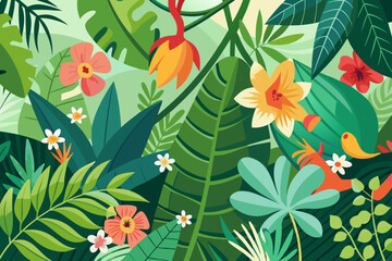 Cartoon Style Jungle Leaves With Flowers And Vines  